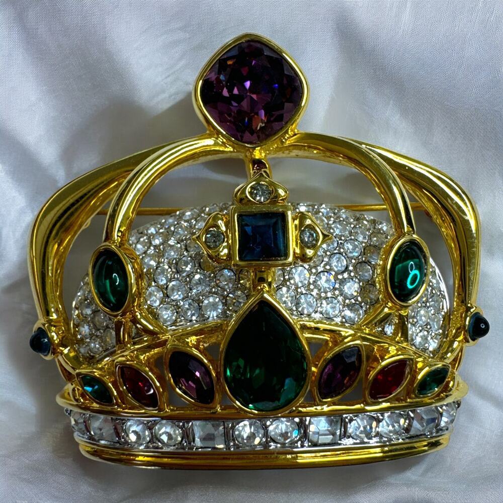 Swarovski Signed Swan Crown Brooch Pin, Gold Plated - Absolutely STUNNING